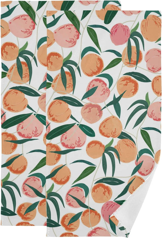 Peach Hand Towels for Bathroom Set of 2 Watercolor Pink Orange Peach Soft Absorbent Green Leave Fruits Kitchen Dish Towels Decorative Bathroom Towels for Bath,Face,Hair,Guest,Gym,Spa 14"x28"