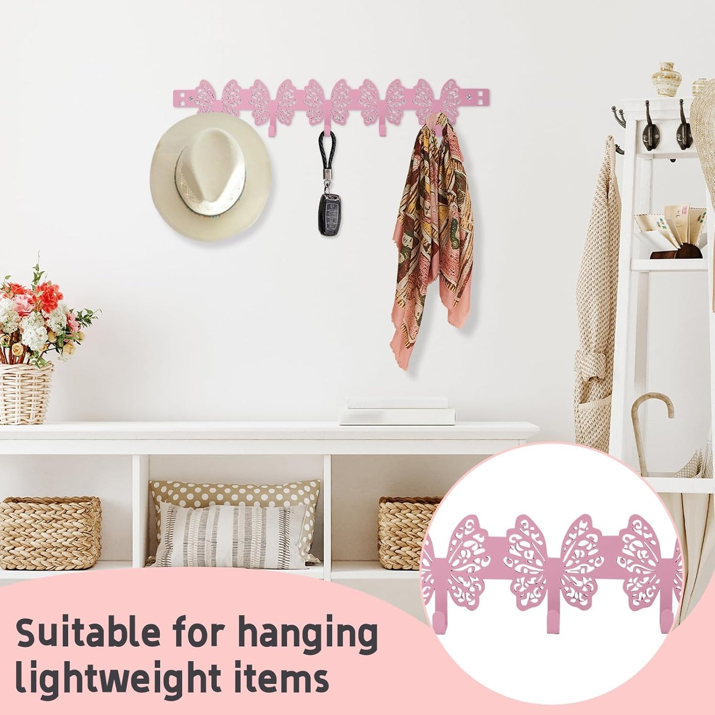 Over The Door Hooks, Pink Butterfly Towel Rack with 5 Hooks Hanging Towel for Bathroom Accessories, Cute Wall Mount Towel Hanger for Hats, Bags, Keys, Home Organizer