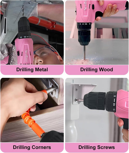 Cordless Drill Set, 12V Power Drill Driver with 2 Battery and Charger, Pink Electric Drill Power Tool for Women DIY Gifts