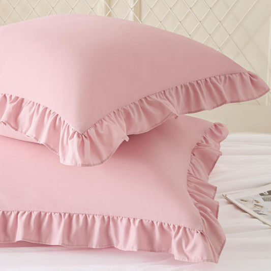 KKJIAF Ruffle Pillow Cases 18x18 Inches, Light Pink Square Ruffled Pillow Covers Set of 2, Microfiber Wrinkle Resistant Pillow Shams with Envelope Closure for Sofa Bed Living Room