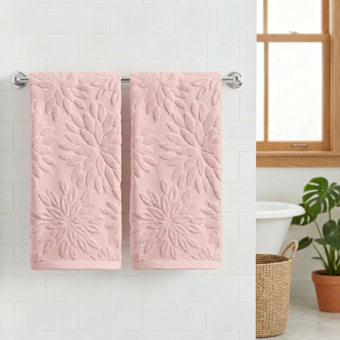 Artoid Mode 2 Pcs Pink 3D Dahlia Floral Jacquard Hand Towels for Bathroom, 100% Cotton Soft Absorbent Bathroom Decor Towels, 13.7 x 29.5 Inch
