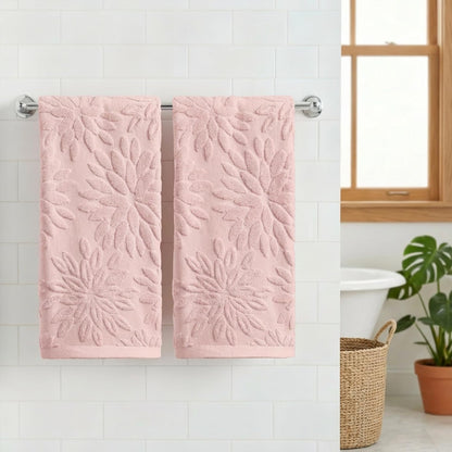 Artoid Mode 2 Pcs Pink 3D Dahlia Floral Jacquard Hand Towels for Bathroom, 100% Cotton Soft Absorbent Bathroom Decor Towels, 13.7 x 29.5 Inch