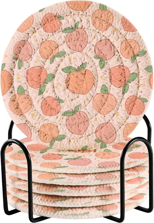 CEBUGI Peach Cute Coasters Set of 6 with Holder, Absorbent Woven Coasters Tabletop Protection for Kinds of Cups for Living Room Home Decor, 4 Inches