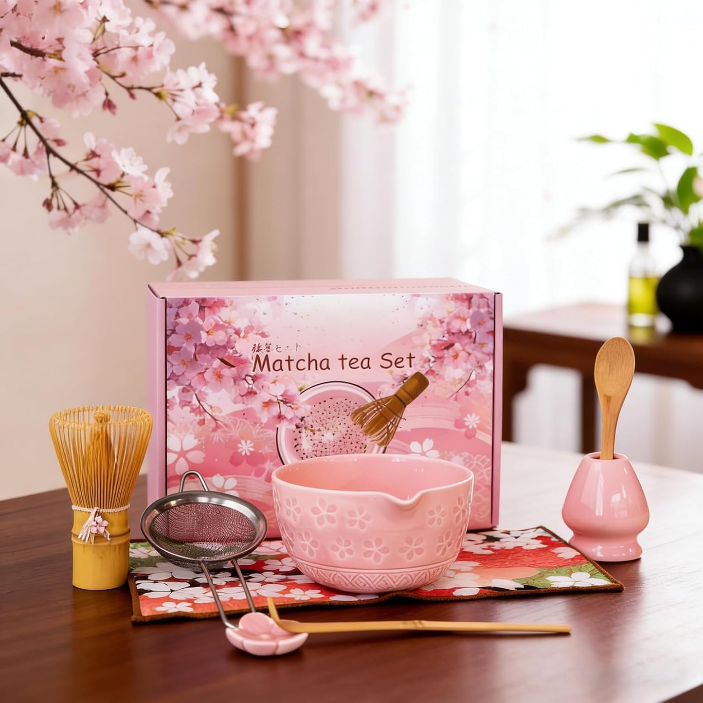 GarveeHome Japanese Matcha Tea Set – 8-Piece Chawan Ceremony Kit with Ceramic Spout Bowl, Wooden Whisk, Scoop, Sifter, Holder, Tea Towel – Great for Beginners & Enthusiasts – Pink, 24×17.5×10.5cm