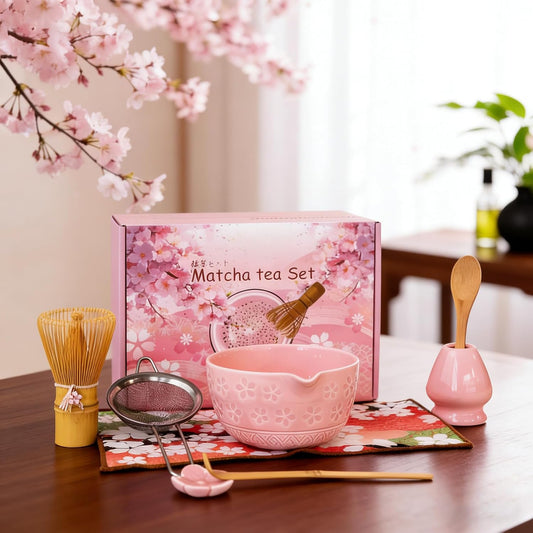 GarveeHome Japanese Matcha Tea Set – 8-Piece Chawan Ceremony Kit with Ceramic Spout Bowl, Wooden Whisk, Scoop, Sifter, Holder, Tea Towel – Great for Beginners & Enthusiasts – Pink, 24×17.5×10.5cm