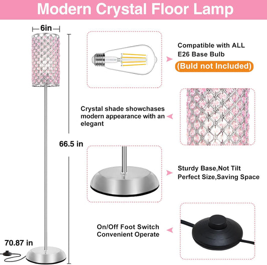 GyroVu Crystal Floor Lamp for Bedroom, Living Room Pink Floor Lamps Modern Tall Lamp with On/Off Foot Switch Glam Standing Light for Girls Bedroom Minimalism Pole Corner Lamp for Office Dorm Hotel