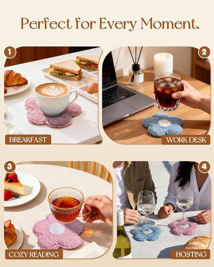 Flower Coasters Set of 2 - Tufted Absorbent Coasters for Drinks, Cute Flower Gift for Desk, Table, Office, Housewarming, Birthday, 2PC Decorative Cup Mats