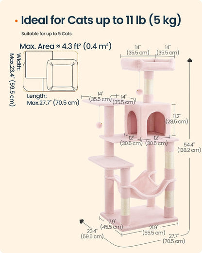SONGMICS HOME Cat Tree for Indoor Cats, Multi-Level Cat Tower with Sisal Scratching Posts, Hammock and Condo, Pink