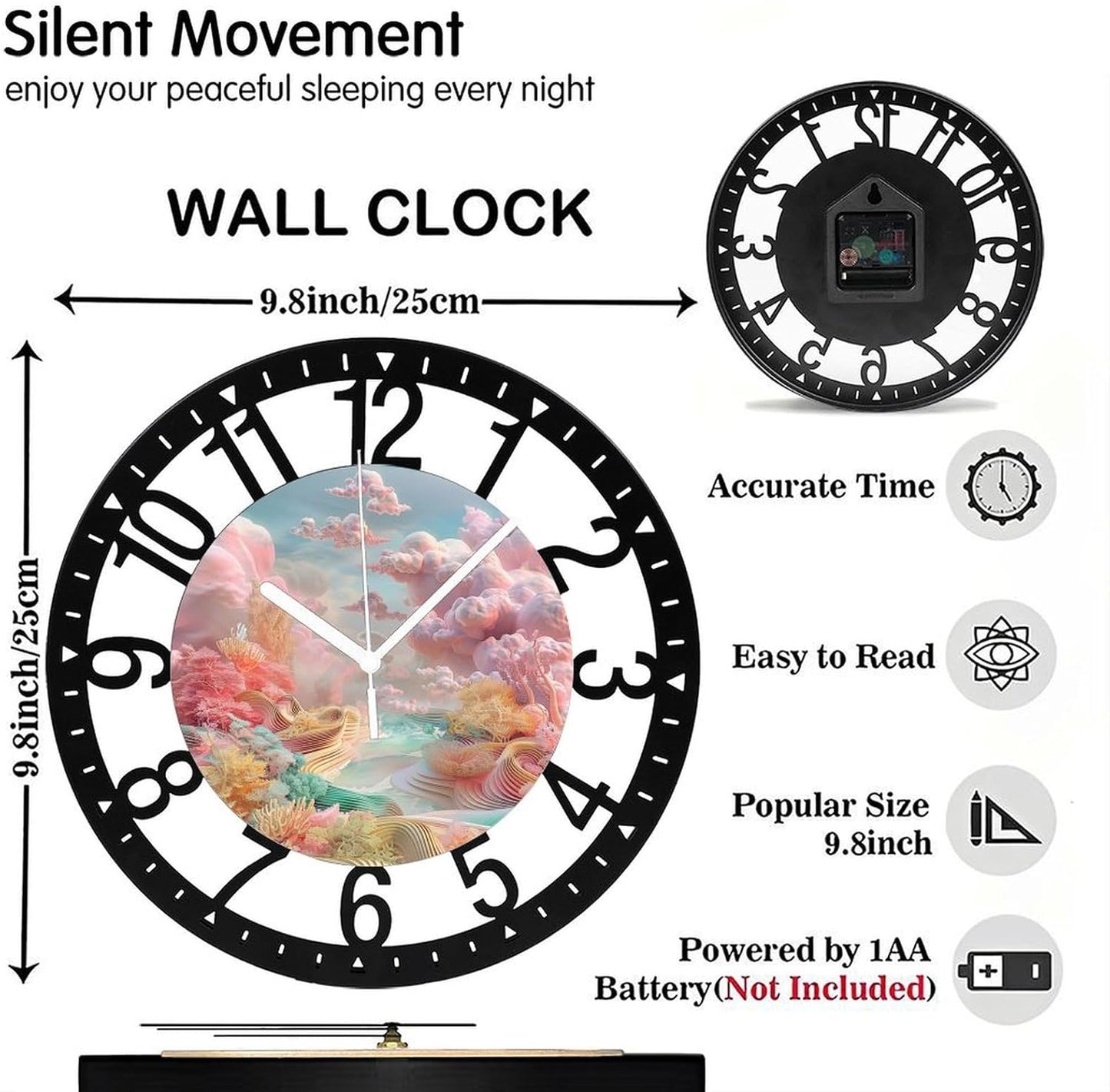 Metal Wall Clock for Living Room -10" Pastel Coral Landscape Pink Clouds Silent Non Ticking,Battery Operated, Antique Clocks for Farmhouse,Bedroom,Kitchen - Arabic Numerals