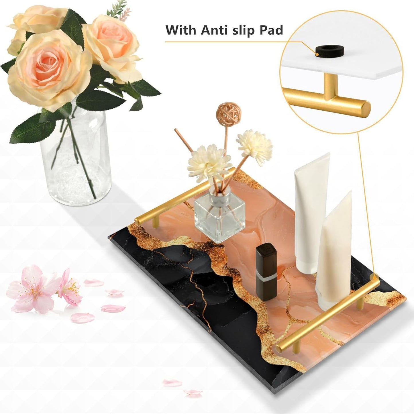 Marble Black Peach Decorative Snack Tray with Handles Living Room Tray for Jewelry Perfume for Dinner Serving bandeja desayunos sorpresa para cumpleanos