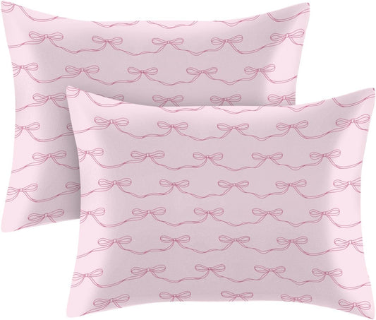 Fahrendom 2 Pack Satin Pillowcase, Smooth Silk Pillowcase with Hidden Zipper for Hair Skin, Soft Pillow Case Pillow Covers for Sleeping Gifts for Women Standard Size 20''x26'', Pink Bow