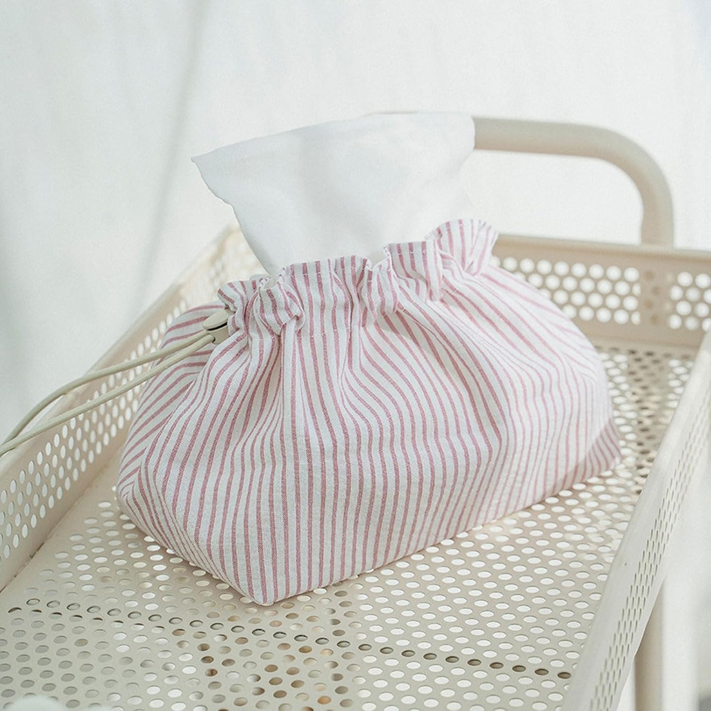 Fabric Tissue Box Cover with Handle, Pink Striped Cotton Tissue Holder for Home, Office, Bedroom, Car – Decorative Washable Tissue Case
