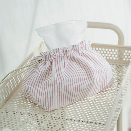 Fabric Tissue Box Cover with Handle, Pink Striped Cotton Tissue Holder for Home, Office, Bedroom, Car – Decorative Washable Tissue Case