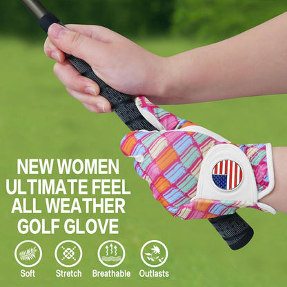 Amy Sport Womens Golf Glove with Ball Marker Rain Left Right Hand Leather Printed Pack, Ladies Golf Gloves All Weather Grip Breathable Soft Size Small Medium Large XL
