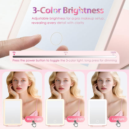 Faquenc Makeup Case with Lighted Mirror Travel Makeup Organizer Box 2 Trays Lockable Cosmetic Train Case with Movable LED Mirror for Girls Make Up Nail Kits Sewing Vanity Storage Case Shiny Pink