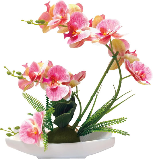 15.8" Tall Orchids Pink Orchid Artificial Flowers,Artificial Orchids in Pot,Fake Orchid,Centerpiece Flowers,Faux Orchid Arrangements for Home Decoration (Pink+White vase)