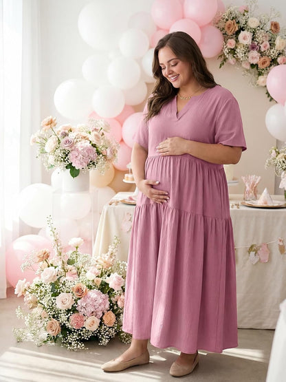 OLRIK Plus Size Maxi Dresses for Curvy Women - Flowy Boho Summer Dress with Pockets, V-Neck Short Sleeve for Beach Vacation