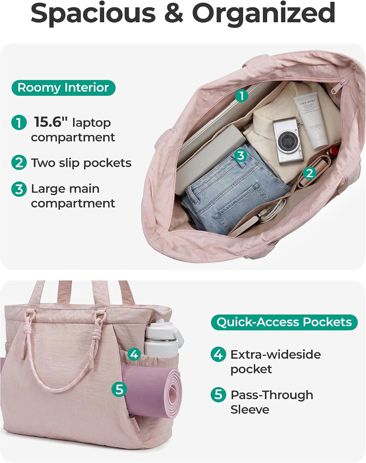 BAGSMART Yoga Pilates Tote Bag for Women with Knotted Handle, Gym Bag | 23L lightweight & waterproof shoulder sling bag, gym bag with yoga mat holder, for 15.6'' Laptop, ideal for work travel
