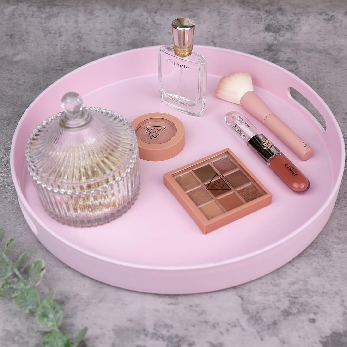 Round Pink Decorative Serving Tray with Handles, 13” Versatile Ottoman Tray for Coffee Table, Entertaining, Outdoor Patio, Living Room