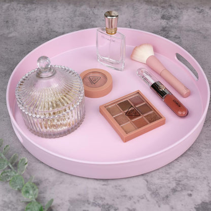 Round Pink Decorative Serving Tray with Handles, 13” Versatile Ottoman Tray for Coffee Table, Entertaining, Outdoor Patio, Living Room