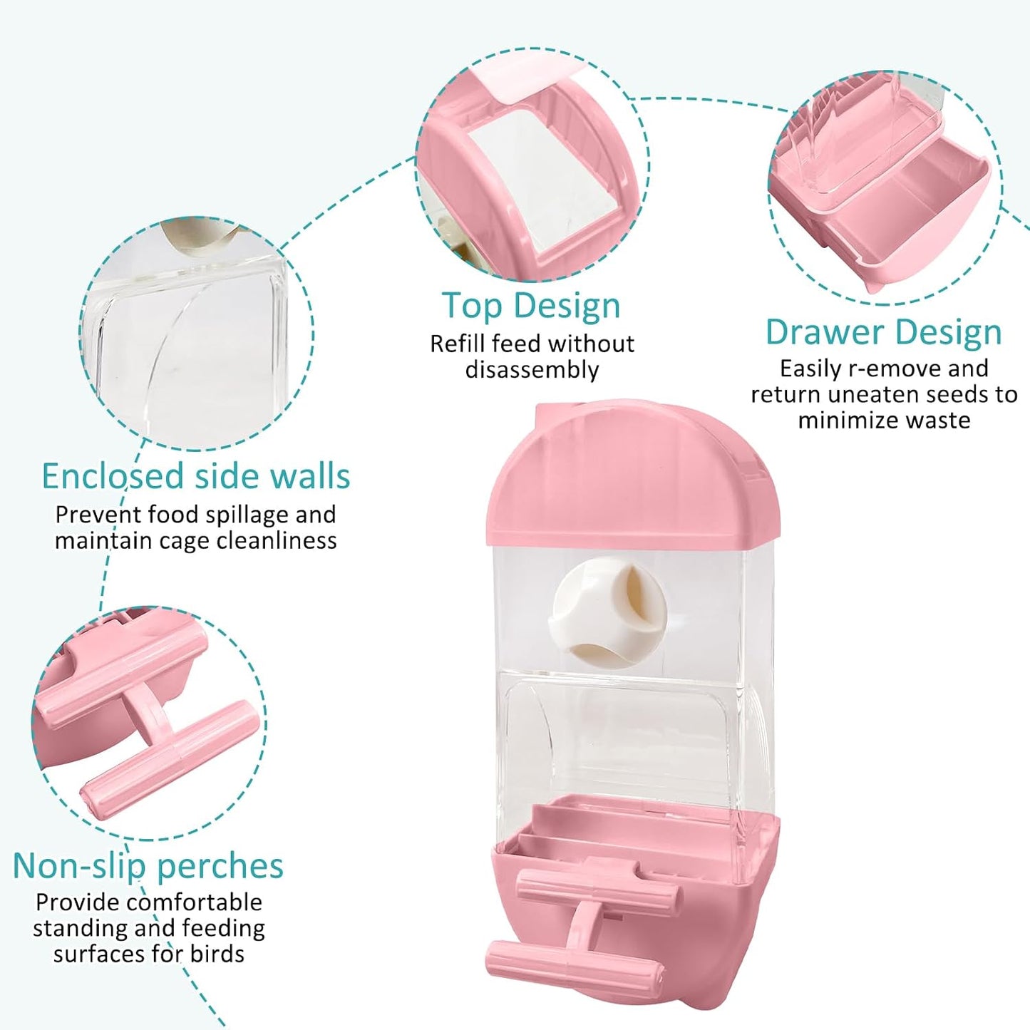 Tfwadmx No Mess Automatic Bird Feeder for Cage Transparent Food Container Parrot Water Dispenser Cage Accessories for Cockatiels, Finches, Budgies Canaries (Pink)