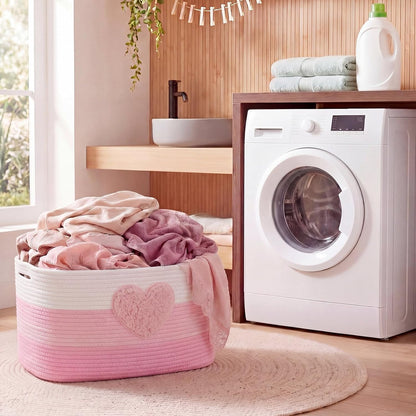 Pink Extra Large Blanket Basket 65L Love Rectangle Woven Storage Basket with Handle for Storing Dirty Clothes Stuffed Animal Toy Storage for Living Room Bathroom 22" x 15" x 12"