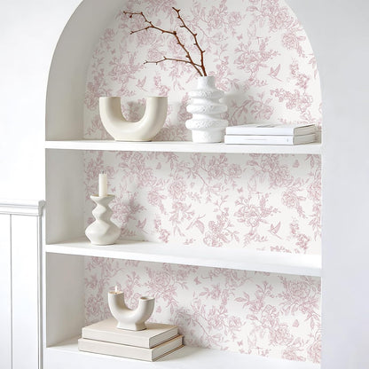 VEELIKE Dusty Pink Chinoiserie Floral Peel and Stick Wallpaper Vintage Toile Wallpaper 17.7''x118'' Self Adhesive Contact Paper Removable Cottage Bird Flower Wall Paper for Bedroom Nursery Bathroom