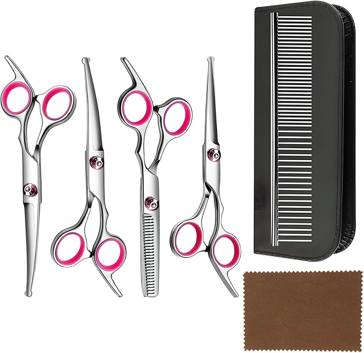 Dog Grooming Scissor, 7-in-1 Pet Grooming Scissor for Dogs, Professional Dog Grooming Kit with Safety Round Tips, Titanium Coated Cat Scissors Kit for Home Grooming (Pink)