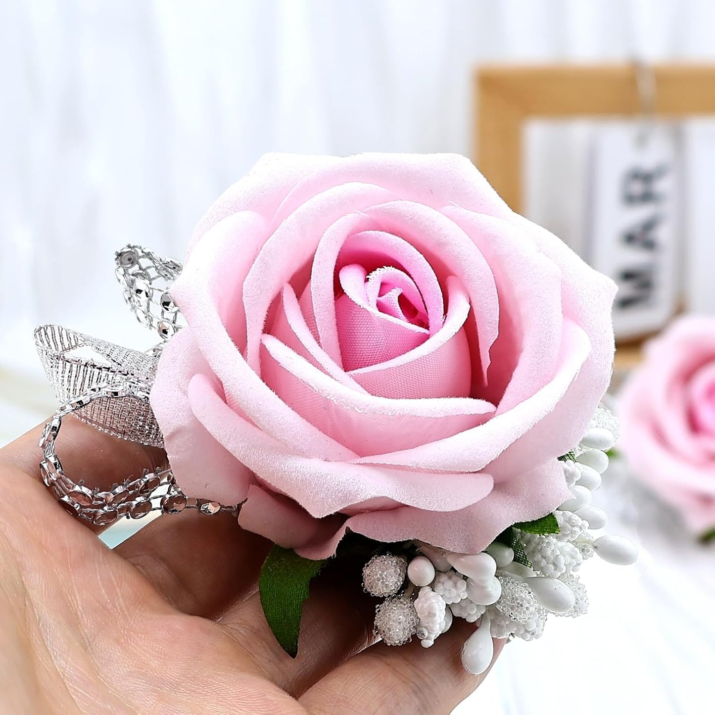 Set of 2 Wrist Corsage Wristlet for Wedding Prom Women Bride Bridesmaid Artificial Rose Flower Decorations Homecoming Anniversary Party (Light Pink)