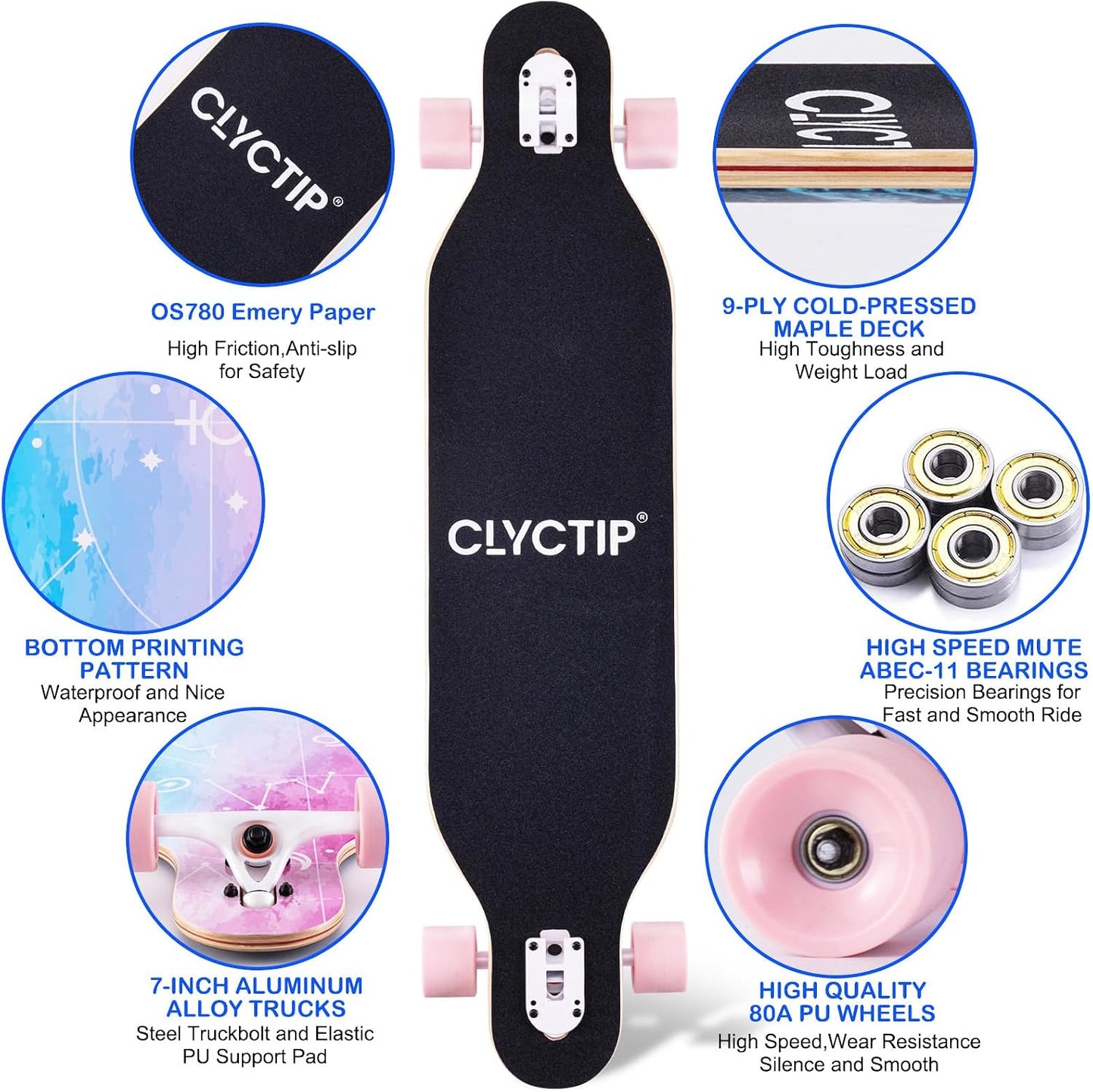 CLYCTIP 41 Inch Longboard Skateboard,9-Ply Maple,ABEC-11 Bearings,Complete Skateboard for Cruising, Carving, Downhill and Free-Style
