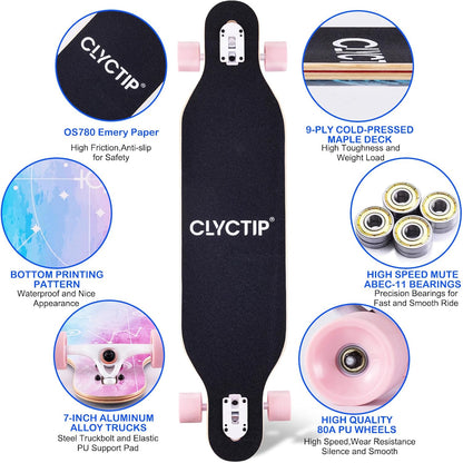 CLYCTIP 41 Inch Longboard Skateboard,9-Ply Maple,ABEC-11 Bearings,Complete Skateboard for Cruising, Carving, Downhill and Free-Style
