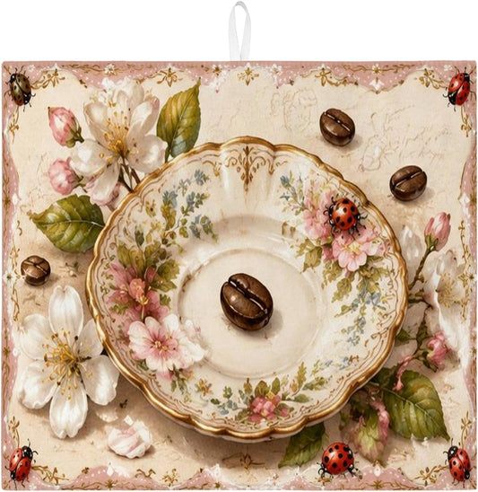 Floral Dish Drying Mats for Kitchen Counter, Vintage Peach Absorbent Drainer Rack Mat, Spring Rustic Microfiber Drying Pad for Coffee Bar Protector 16x18 Inch