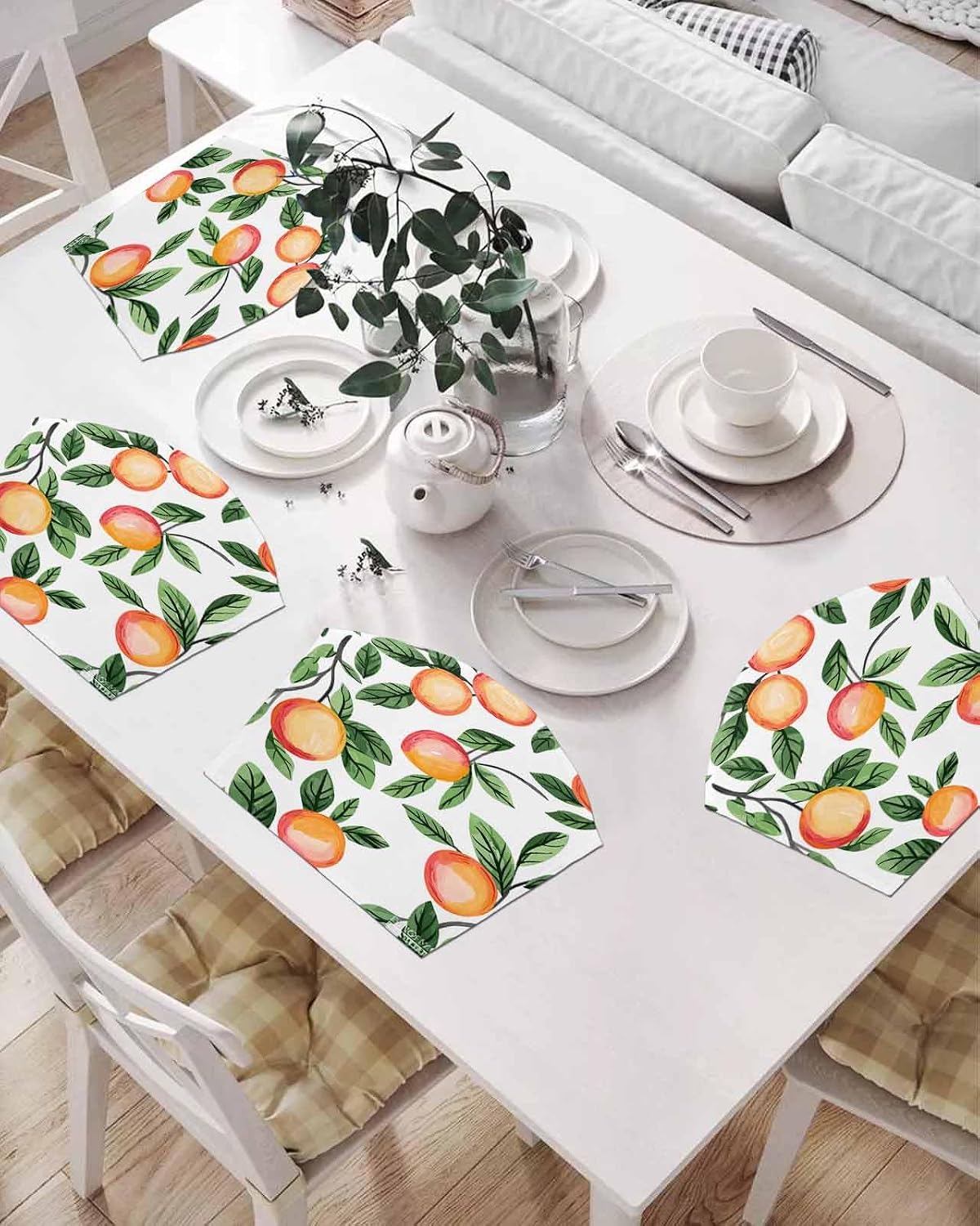 Round Table Placemat Wedge Placemats Set of 6,Spring Summer Country Peach on White Placemat Washable Table Mats,Farmhouse Green Leaves Fan Shaped Place Mats for Kitchen Dinner Party Decor