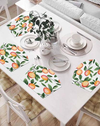 Round Table Placemat Wedge Placemats Set of 6,Spring Summer Country Peach on White Placemat Washable Table Mats,Farmhouse Green Leaves Fan Shaped Place Mats for Kitchen Dinner Party Decor