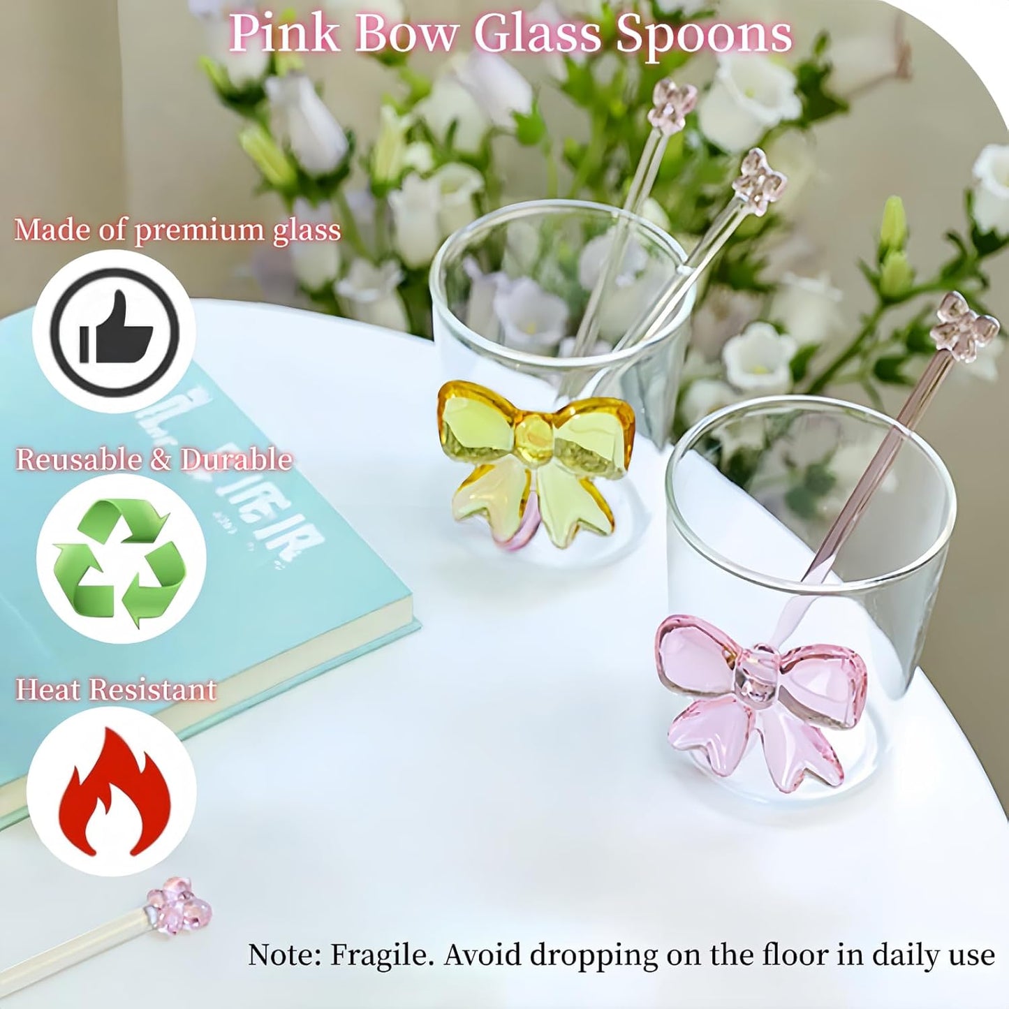 4 Pcs Reusable Pink Bow Glass Spoons Pink Coffee Spoon Dessert coffee stirrer spoon for Bridal engagement party, Wedding, Housewarming,Coquette Bow Party Bachelorette Decoration