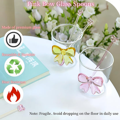 4 Pcs Reusable Pink Bow Glass Spoons Pink Coffee Spoon Dessert coffee stirrer spoon for Bridal engagement party, Wedding, Housewarming,Coquette Bow Party Bachelorette Decoration