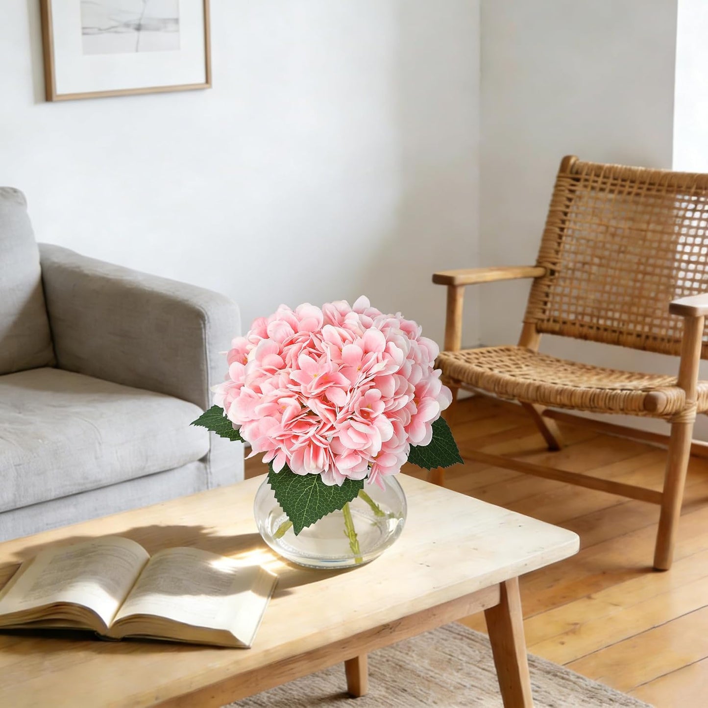 Artificial Hydrangea Flowers with Glass Vase & Fake Water - Faux Hydrangea for Home Table, Wedding Party, Office Decor | Realistic Fake Hydrangeas, Silk Flowers for Vase Arrangement (Hydrangea, pink)