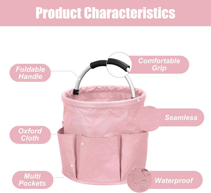 Cleaning Caddy with Handle, 17L Capacity, Foldable Bucket Organizer with 6 Pockets, Portable Multipurpose Cleaning Bucket Bag with Handle for Housework, Car Washing, Gardening, Painting (Pink)