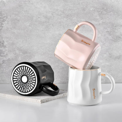 Flat Bottom Coffee Mug for Mug Warmer – 13.5 oz Ceramic Cup with Lid & Gold Trim, Tea Mug for Office Desk, Heater Compatible Gift for Women – Matte Pink