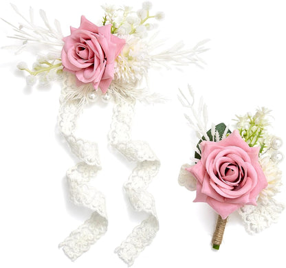 Serwalin Pink Corsage and Boutonniere Set, Boutonniere for Men and Wrist Corsage Wristlet Prom Homecoming Wedding Flowers Accessories Party Suit Decorations