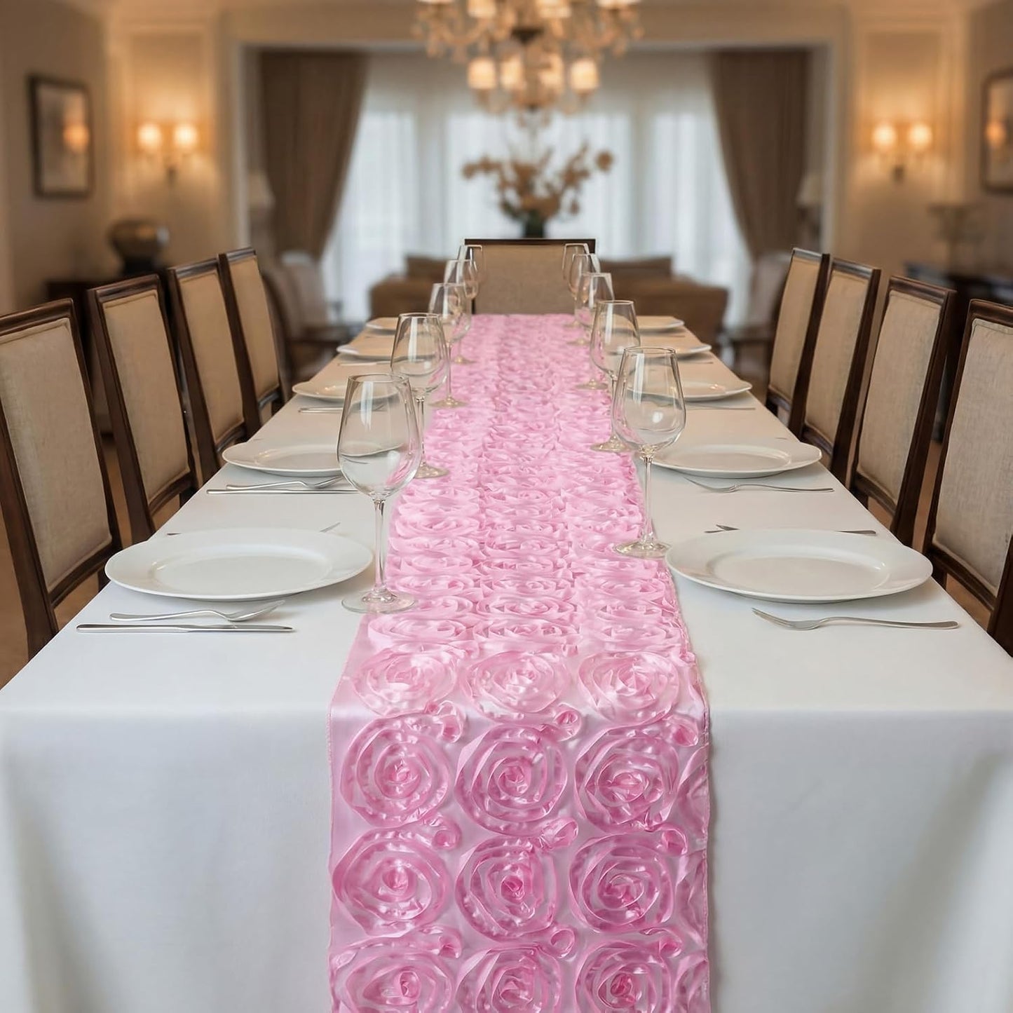 4 Pcs Rose Table Runner 14 X108 Inch Rosette Table Runners for Weddings Party Banquets Decor Fit Rectangle and Round Desk(Pink)