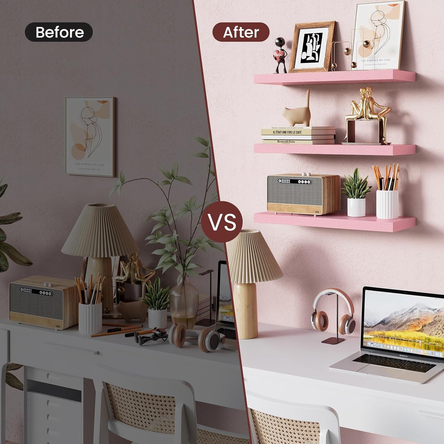 BAYKA Pink Floating Shelves for Wall Set of 3, 15.7in Wood Wall Shelves for Bathroom, Bedroom, Living Room Decor Organize, Hanging Shelf for Books/Storage/Display with 22lbs Capacity