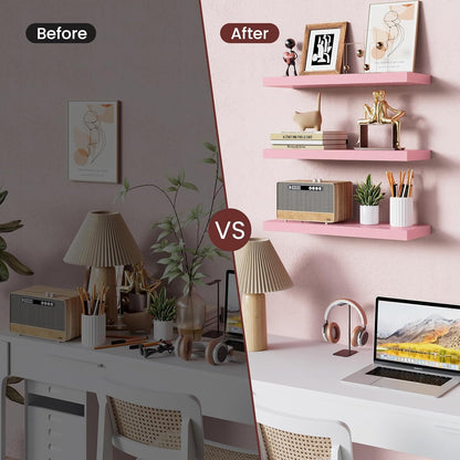 BAYKA Pink Floating Shelves for Wall Set of 3, 15.7in Wood Wall Shelves for Bathroom, Bedroom, Living Room Decor Organize, Hanging Shelf for Books/Storage/Display with 22lbs Capacity