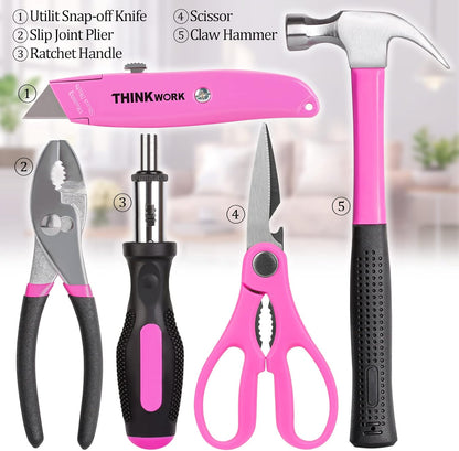 THINKWORK 41 Piece Pink Tool Set - Lady's Hand Tool Set with 3.6V Rotatable Electric Screwdriver, Home Repairing Tool Kit for Women with Large Mouth Open Tool Bag, Perfect for Home DIY, Daily Use