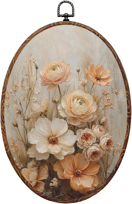 Vintage Neutral Floral Oval Wall Decor, Beige Peach Flower Canvas Wall Art, Rustic Cottagecore Botanical Farmhouse Framed Prints Hanging Decor Artwork for Home Bedroom Bathroom Living Room 8.3X12