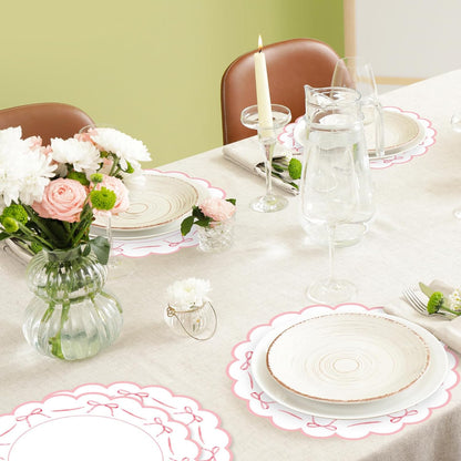 FYSUIMU Pink Bow Plastic Placemats Mother's Day Bowknot Coquette Table Mats Scalloped Place Mats for Wedding Birthday Baby Shower Bachelorette Party Kitchen Supplies, 6Pcs