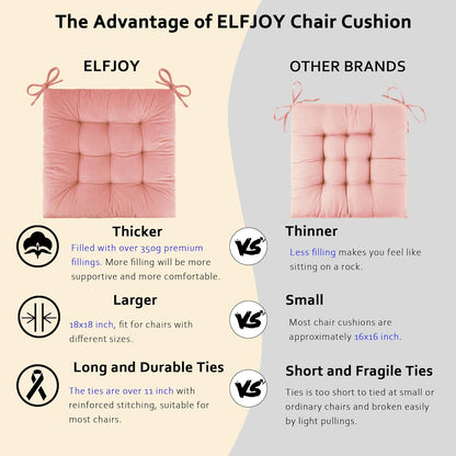 ELFJOY 4 Pack Chair Cushions for Dining Kitchen Chairs 18 Inches Seat Cushion Pads Warm Thick Corduroy Comfort Chair Cushions for Office with Ties(18", Light Pink)
