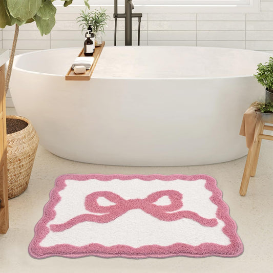 Scalloped Bath Mat Pink Bow Bathroom Rugs Extra Soft Cute Preppy Aesthetic Decor Bath Rug Water Absorbent Quick Dry Non Slip Bath Mats for Bathroom Tub Sink Shower Floor Carpet, 20" x 32"