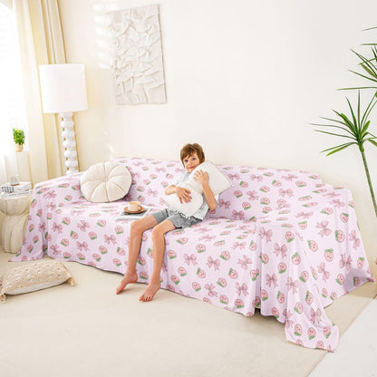 Erosebridal Bowknot Couch Blanket 71" x 118" Peach Non Slip Soft Sofa Cover Cute Cartoon Peaches Kawaii Pink Bow Cat Proof Sofa Slipcovers Fruit Princess Ribbon Bowtie Washable Sofa Protector