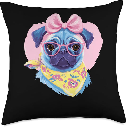 Blue Pug Portrait Dog Lover Graphic Pink Glasses Bow Yellow Throw Pillow